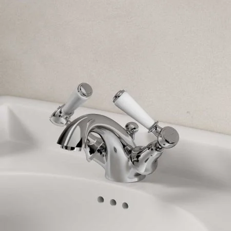 Linton Deck Mounted Monobloc Basin Mixer with Pop Up Waste - White Lever - Chrome