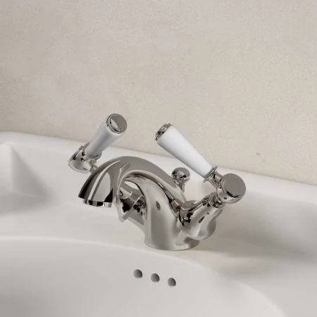 Linton Deck Mounted Monobloc Basin Mixer with Pop Up Waste - White Lever - Polished Nickel