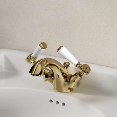 Linton White Lever Monobloc Basin Mixer Timeless Brass
