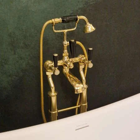 Linton Bath Shower Mixer with 620mm Standpipes Black Lever Timeless Brass 3/4BSP (For Baths Without Tap Holes Only)