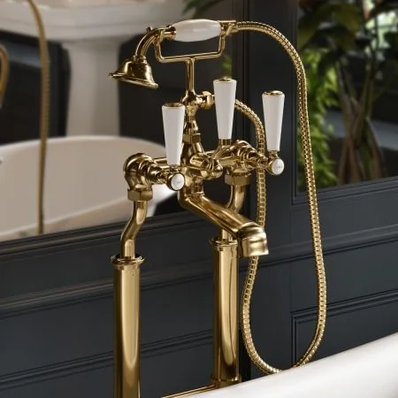 Linton Classic Floor Mounted 2 Hole Bath Shower Mixer with Standpipes - White Lever