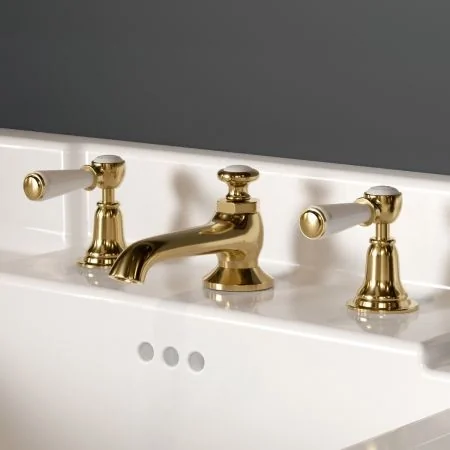 Linton Classic White Lever 3 Hole Basin Mixer C/W Pop Up Waste Timeless Brass