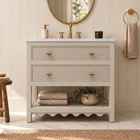 Palermo 900mm 2 Drawer Reeded & Beaded Single Vanity Unit with Scallop Edge Shelf