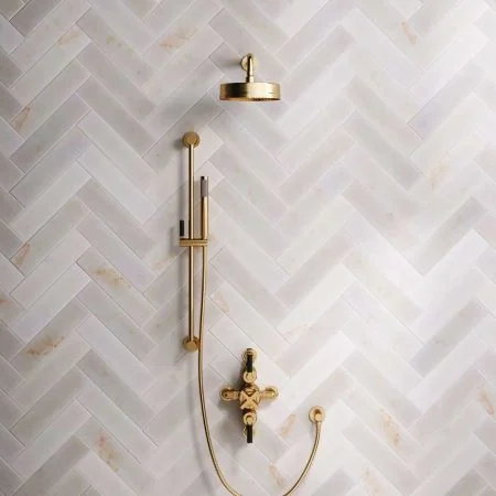 Bayor Dual Outlet Semi Exposed Shower with Slider Rail, 300mm Wall Arm, 8" Rose & Black Levers in Brushed Brass