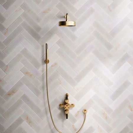 Bayor Dual Outlet Semi Exposed Shower with Handshower Hook, 500mm Wall Arm, 8" Rose & Black Levers in Brushed Brass