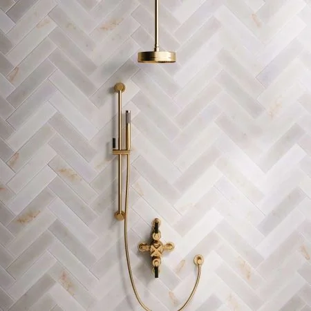 Bayor Dual Outlet Semi Exposed Shower with Slider Rail, with 210mm Ceiling Arm, 8" Rose & Black Levers in Brushed Brass