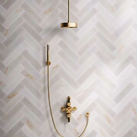 Bayor Dual Outlet Semi Exposed Shower with Handshower Hook, 210mm Ceiling Arm, 8" Rose & Black Levers in Brushed Brass
