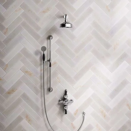 Linton Dual Outlet Semi Exposed Shower with Slider Rail, 300mm Wall Arm, 6" Rose & Black Levers in Chrome