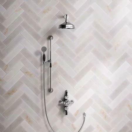 Linton Dual Outlet Semi Exposed Shower with Slider Rail, 300mm Wall Arm, 8" Rose & Black Levers in Chrome