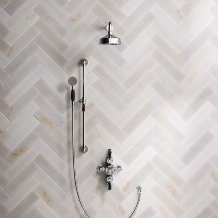 Linton Dual Outlet Semi Exposed Shower with Slider Rail, 500mm Wall Arm, 6" Rose & Black Levers in Chrome