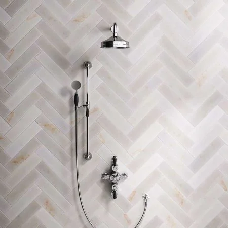 Linton Dual Outlet Semi Exposed Shower with Slider Rail, 500mm Wall Arm, 8" Rose & Black Levers in Chrome
