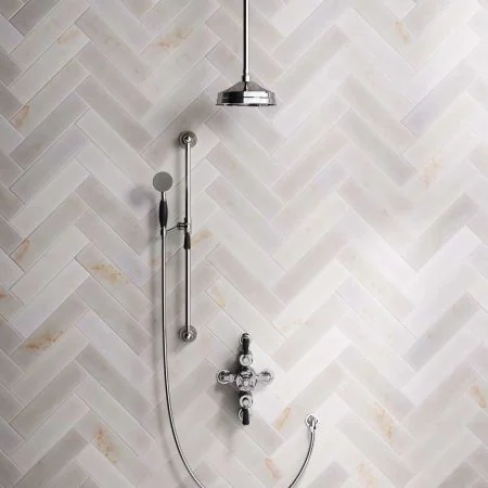 Linton Dual Outlet Semi Exposed Shower with Slider Rail, 210mm Ceiling Arm, 8" Rose & Black Levers in Chrome