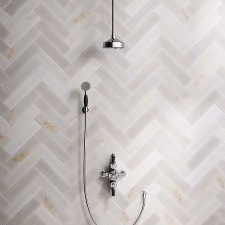 Linton Dual Outlet Semi Exposed Shower with Handshower Hook. 210mm Ceiling Arm, 6" Rose & Black Levers in Chrome