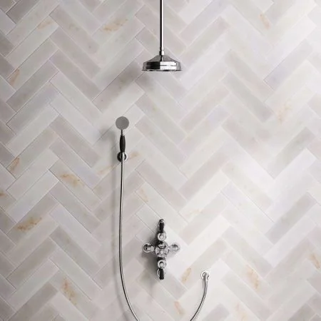 Linton Dual Outlet Semi Exposed Shower with Handshower Hook. 210mm Ceiling Arm, 8" Rose & Black Levers in Chrome