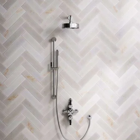 Bayor Dual Outlet Semi Exposed Shower with Slider Rail, 300mm Wall Arm, 8" Rose & Black Levers in Chrome