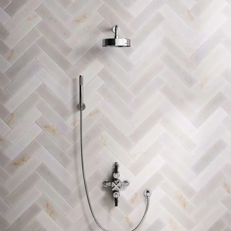 Bayor Dual Outlet Semi Exposed Shower with Handshower Hook, 300mm Wall Arm, 8" Rose & Black Levers in Chrome