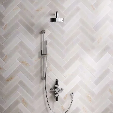 Bayor Dual Outlet Semi Exposed Shower with Slider Rail, 500mm Wall Arm, 8" Rose & Black Levers in Chrome