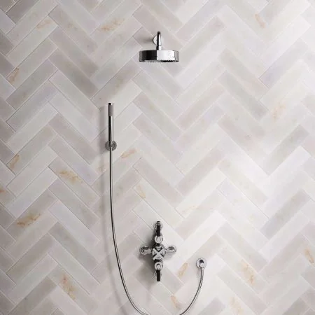 Bayor Dual Outlet Semi Exposed Shower with Handshower Hook, 500mm Wall Arm, 8" Rose & Black Levers in Chrome