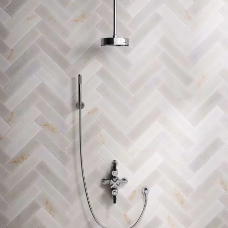 Bayor Dual Outlet Semi Exposed Shower with Handshower Hook, 210mm Ceiling Arm, 8" Rose & Black Levers in Chrome