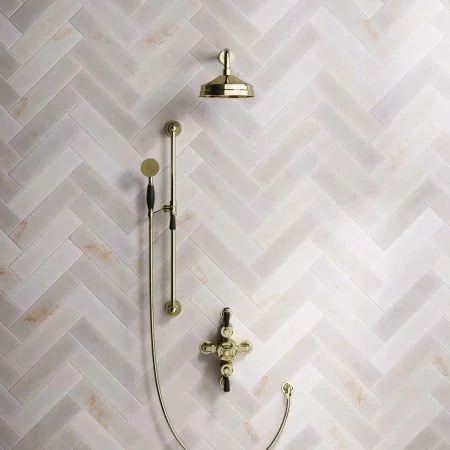 Linton Dual Outlet Shower Kit - Semi-Exposed Valve - 8 inch Rose - Black Ceramic Lever - Handshower Slider-Rail - Timeless Brass