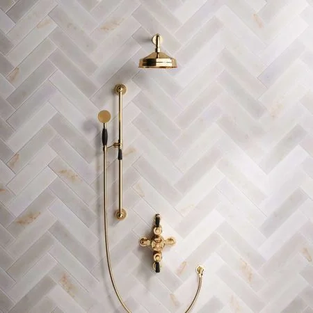 Linton Dual Outlet Shower Kit - Semi-Exposed Valve - 8 inch Rose - Black Ceramic Lever - Handshower Slider-Rail - Living Brass