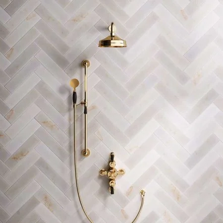 Linton Dual Outlet Shower Kit - Semi-Exposed Valve - 8 inch Rose - Black Ceramic Lever - Handshower Slider-Rail - Living Brass