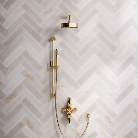 Bayor Dual Outlet Semi Exposed Shower with Slider Rail, 300mm Wall Arm, 8" Rose & Black Levers in Living Brass