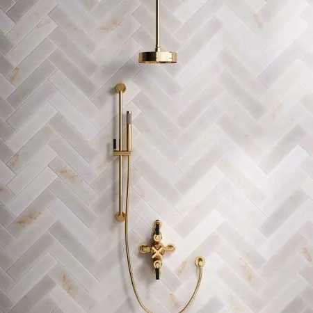 Bayor Dual Outlet Semi Exposed Shower with Slider Rail, with 210mm Ceiling Arm, 8" Rose & Black Levers in Living Brass