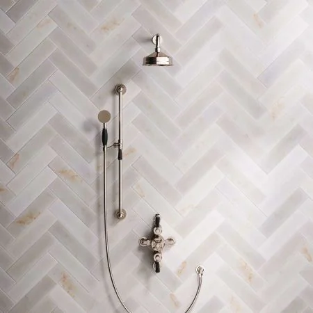 Linton Dual Outlet Semi Exposed Shower with Slider Rail, 300mm Wall Arm, 6" Rose & Black Levers in Polished Nickel