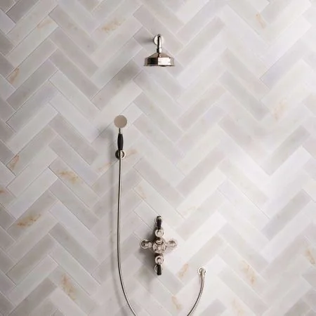Linton Dual Outlet Semi Exposed Shower with Handshower Hook. 300mm Wall Arm, 6" Rose & Black Levers in Polished Nickel