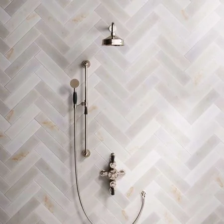 Linton Dual Outlet Semi Exposed Shower with Slider Rail, 500mm Wall Arm, 6" Rose & Black Levers in Polished Nickel
