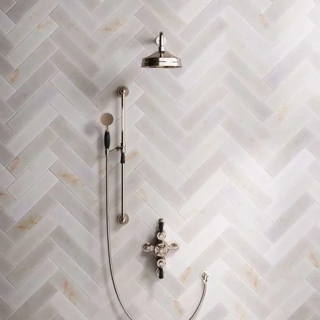 Linton Dual Outlet Semi Exposed Shower with Slider Rail, 500mm Wall Arm, 8" Rose & Black Levers in Polished Nickel