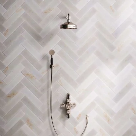 Linton Dual Outlet Semi Exposed Shower with Handshower Hook. 500mm Wall Arm, 8" Rose & Black Levers in Polished Nickel