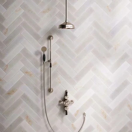 Linton Dual Outlet Semi Exposed Shower with Slider Rail, 210mm Ceiling Arm, 8" Rose & Black Levers in Polished Nickel