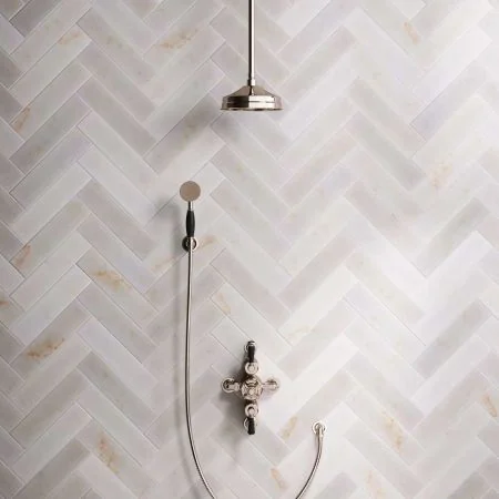 Linton Dual Outlet Semi Exposed Shower with Handshower Hook. 210mm Ceiling Arm, 8" Rose & Black Levers in Polished Nickel