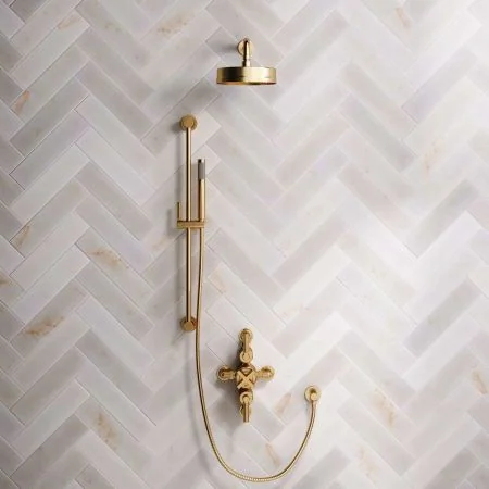 Bayor Dual Outlet Semi Exposed Shower with Slider Rail, 300mm Wall Arm, 8" Rose & Metal Levers in Brushed Brass