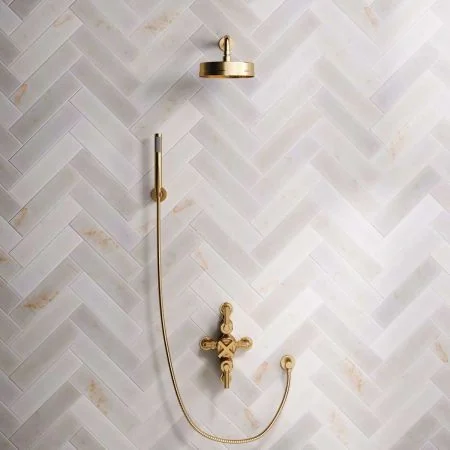 Bayor Dual Outlet Semi Exposed Shower with Handshower Hook, 300mm Wall Arm, 8" Rose & Metal Levers in Brushed Brass