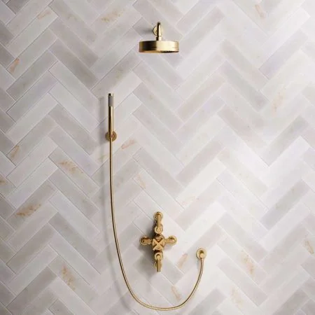 Bayor Dual Outlet Semi Exposed Shower with Handshower Hook, 500mm Wall Arm, 8" Rose in Metal Levers in Brushed Brass