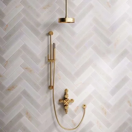 Bayor Dual Outlet Semi Exposed Shower with Slider Rail, with 210mm Ceiling Arm, 8" Rose & Metal Levers in Brushed Brass