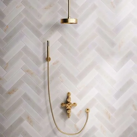 Bayor Dual Outlet Semi Exposed Shower with Handshower Hook, 210mm Ceiling Arm, 8" Rose & Metal Levers in Brushed Brass