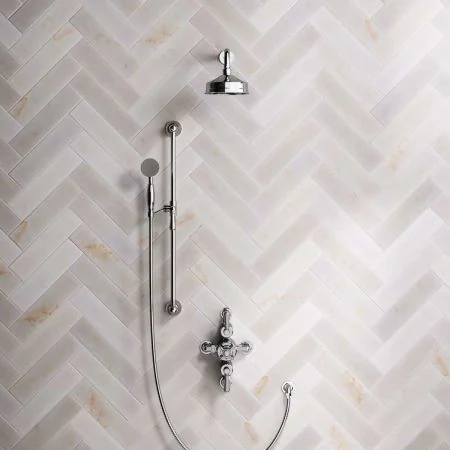 Linton Dual Outlet Semi Exposed Shower with Slider Rail, 300mm Wall Arm, 6" Rose & Metal Levers in Chrome