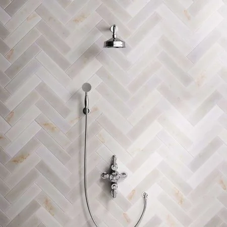 Linton Dual Outlet Semi Exposed Shower with Handshower Hook, 300mm Wall Arm, 6" Rose & White Levers in Chrome