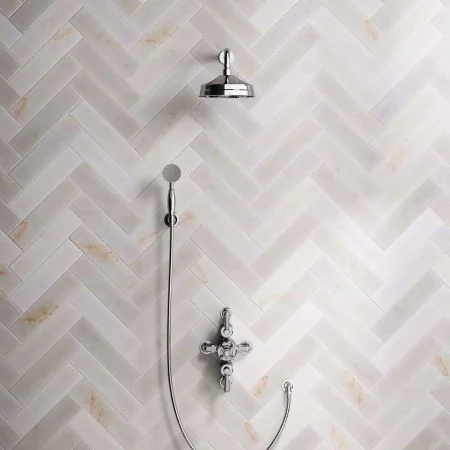 Linton Dual Outlet Semi Exposed Shower with Handshower Hook, 300mm Wall Arm, 8" Rose & White Levers in Chrome