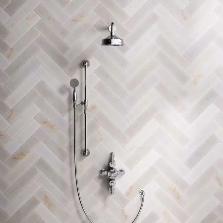 Linton Dual Outlet Semi Exposed Shower with Slider Rail, 500mm Wall Arm, 6" Rose & Metal Levers in Chrome