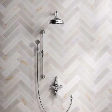 Linton Dual Outlet Semi Exposed Shower with Slider Rail, 500mm Wall Arm, 8" Rose & Metal Levers in Chrome