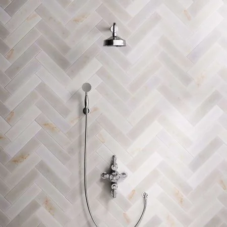 Linton Dual Outlet Semi Exposed Shower with Handshower Hook, 500mm Wall Arm, 6" Rose & White Levers in Chrome