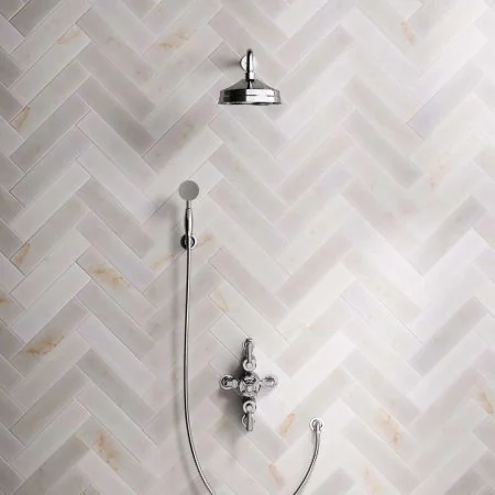 Linton Dual Outlet Semi Exposed Shower with Handshower Hook, 500mm Wall Arm, 8" Rose & White Levers in Chrome