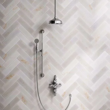 Linton Dual Outlet Semi Exposed Shower with Slider Rail, 210mm Ceiling Arm, 8" Rose & Metal Levers in Chrome