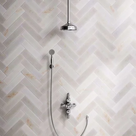 Linton Dual Outlet Semi Exposed Shower with Handshower Hook, 210mm Ceiling Arm, 8" Rose & White Levers in Chrome
