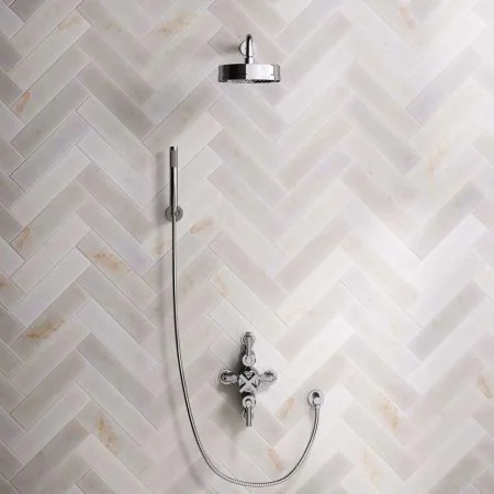 Bayor Dual Outlet Semi Exposed Shower with Handshower Hook, 500mm Wall Arm, 8" Rose & Metal Levers in Chrome